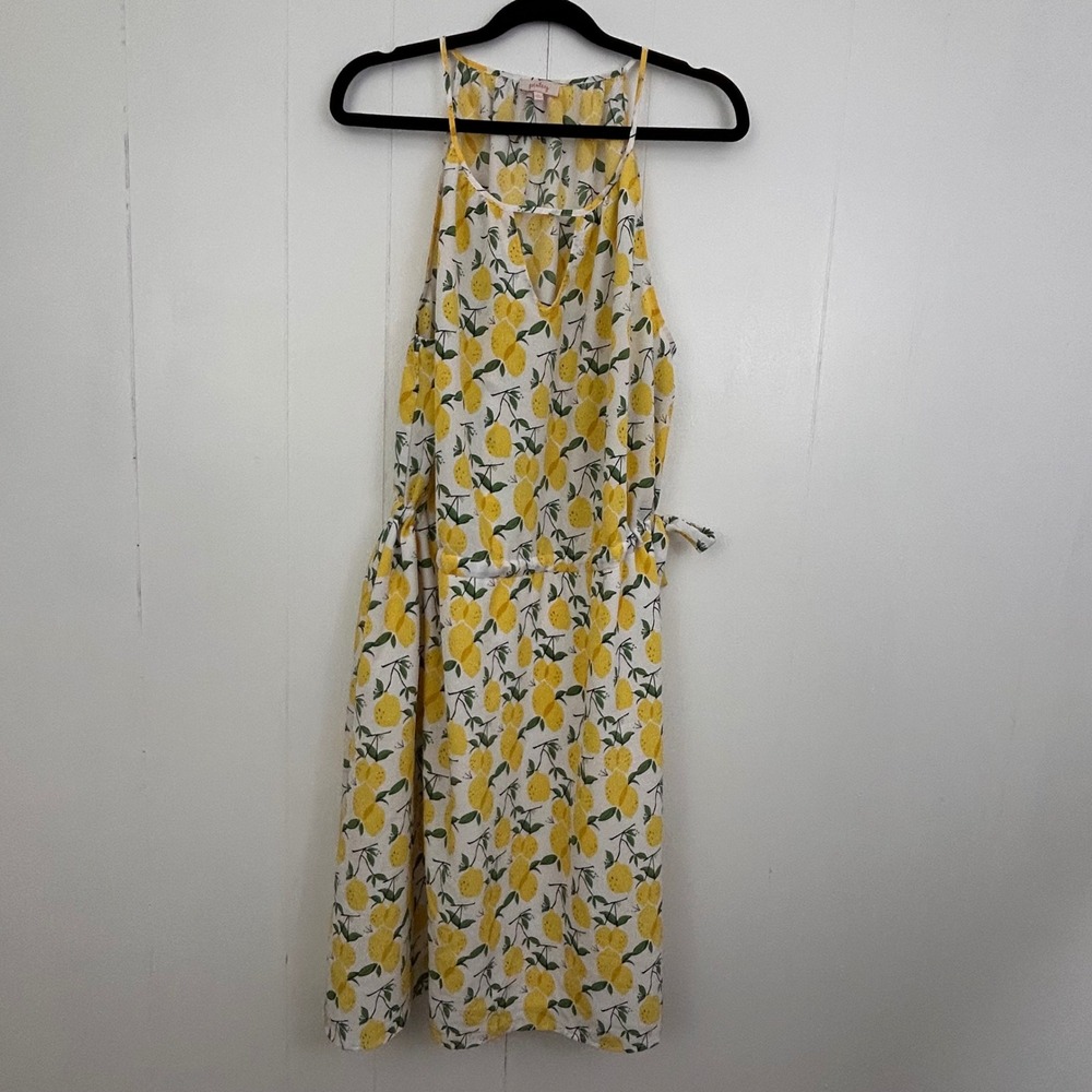 Pixley Women Yellow Lemon Print Halter V-Neck Tie Waist Dress 1X D61504W